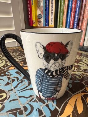 Signature White Ceramic Mug with Black Handle and Red & Blue Dog Design